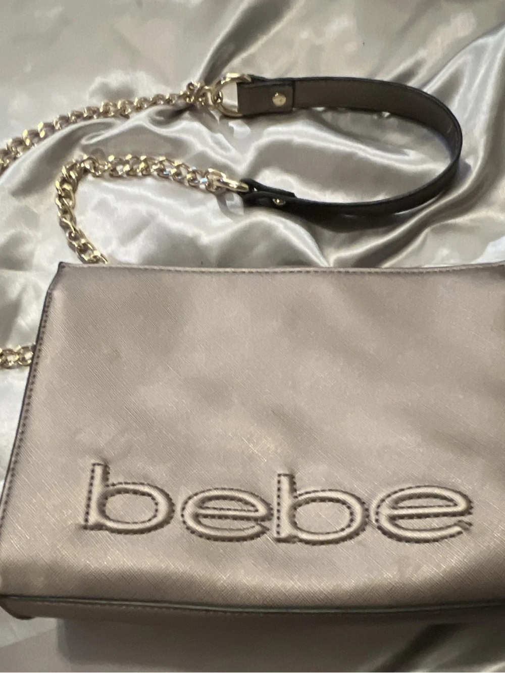 bebe Metallic Silver Crossbody with Gold Chain Strap